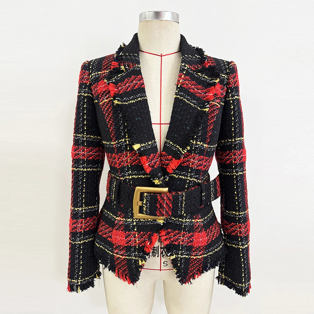 Femininos Elegantes Lapel Plaid Printed Autumn Winter Belt Slim Suit Jackets Female Office Blazer Coats Girls Chic Outfit