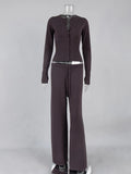 White Ribbed Knit Two Piece Set for Women Slim Button Accent Cardiagns Low Waist Loose Pant Suit for Casual Outings