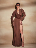 Women Brown Beaded Corset Design Maxi Dress V Neck Long Sleeves Waist Cinching Slim Dresses Fashion Evening Party Gowns