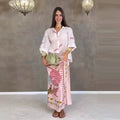 Bow Tie Neck Women Floral Print Set Long Puff Sleeve Cuff Trim Loose Blouse Vibrant Ethnic Midi Skirt Straight Hem Street Daily