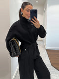 Women Stand Collar Knitted Two Piece Set Belted Long Sleeve Sweater Top Wide Leg Pants 2026 Autumn Winter Casual Knit Outfit