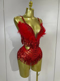 2026 New Sexy Nightclub Bar DJ Performance Dancer Stage Costume Sparkly Rhinestones Feathers Tassels Mesh See Through Bodysuits