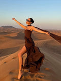 Brown Glitter Chiffon Tiered Maxi Dress Elegant One Shoulder Square Neck Flowy dresses 2026 Summer Formal Wedding  Party gowns