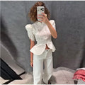 Lace Cutout Peplum Jacket Stand Collar Puff Sleeve Button Front Waist Cinched Outerwear 2026 Summer Fashion Lady Elegant Jacket