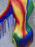 Luxurious Rainbow Fringe Dress with Rhinestone Detail and Single Sleeve Ideal Nightclub Women Carnival Party Rave Outfit
