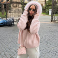 Women Hooded Knit Cardigan Sweater Coat Fluffy Faux Fur Collar Two Way Zip Solid  Loose Casual Jacket 2026 Autumn Winter