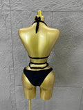 Gold Luxurious Black Bodysuit Women Sexy Halter Neck Iridescent Crystal Embellished Cutout Outfit Stage Performance Costume