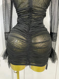 Women Evening Club Party Birthday Dresses Elegant Black High Collar Long Sleeve Solid Mesh Sexy See Through Ruffle Mini Dress