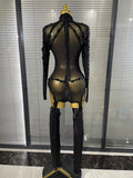 Red Black Women Long Sleeve Sexy Mesh See Through Sparkly Crystal Bodycon Jumpsuit Celebrate Nightclub Bar Dance Stage Wear
