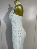 Elegant Evening Party Prom Gown Birthday Dress Women Shining Rhinestones Sexy White/Pink Mesh Halter Bodycon Long Bandage Dress