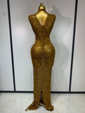 Sparkly Rhinestone Sleeveless Stretch Long Dress Women Sexy Mesh Celebrate Evening Prom Luxury Birthday Dress Evening Party Wear