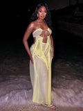 Sexy See Through Dress Women Sexy Halter Chain Backless Irregular Ruched Patchwork Vacation Birthday Party Clubwear