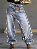 Women Jeans Wide Leg Layered Patchwork Washed Rhinestone Decor Asymmetric Streetwear Fashion Summer