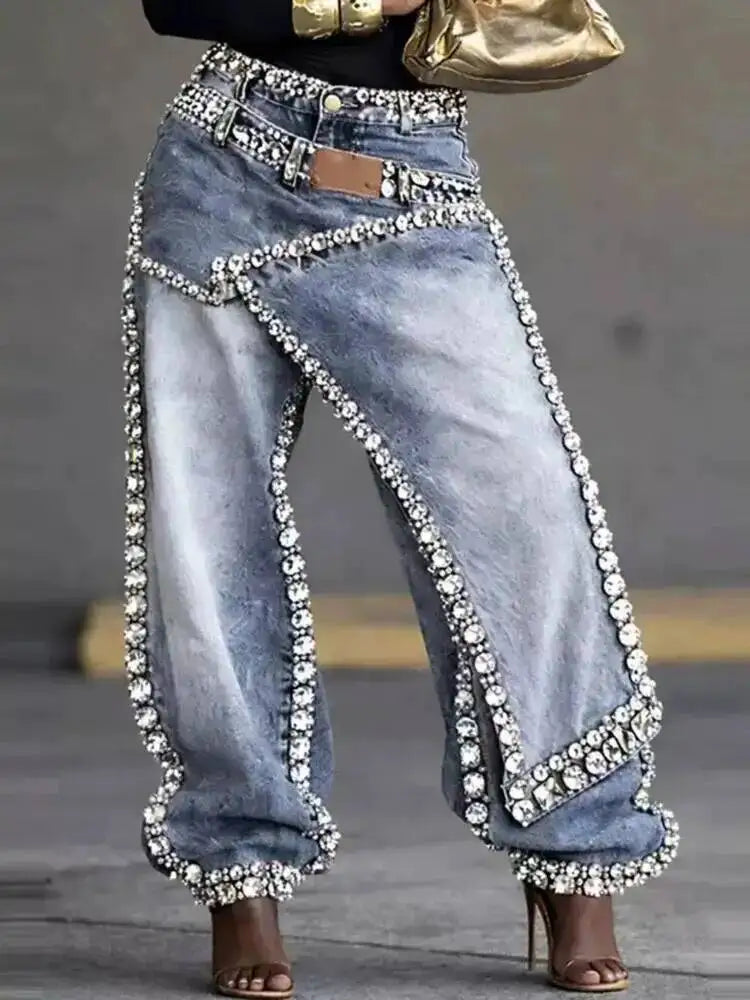Women Jeans Wide Leg Layered Patchwork Washed Rhinestone Decor Asymmetric Streetwear Fashion Summer