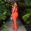New Fashion Orange Color Women Sleeveless Sexy V-Neck Ruffles Bodycon Mid-calf Bandage Dress Birthday Celebrate Party Dress