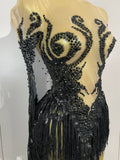 Sexy Black Rhinestones Sequins Tassel With Cape Mesh Transparent Dress Women Evening Birthday Party Nightclub Dance Stage Outfit