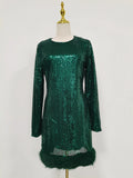 Solid Spliced Sequines Slimming Dresses for Women O Neck Long Sleeve Temperament Dress Female Fashion New