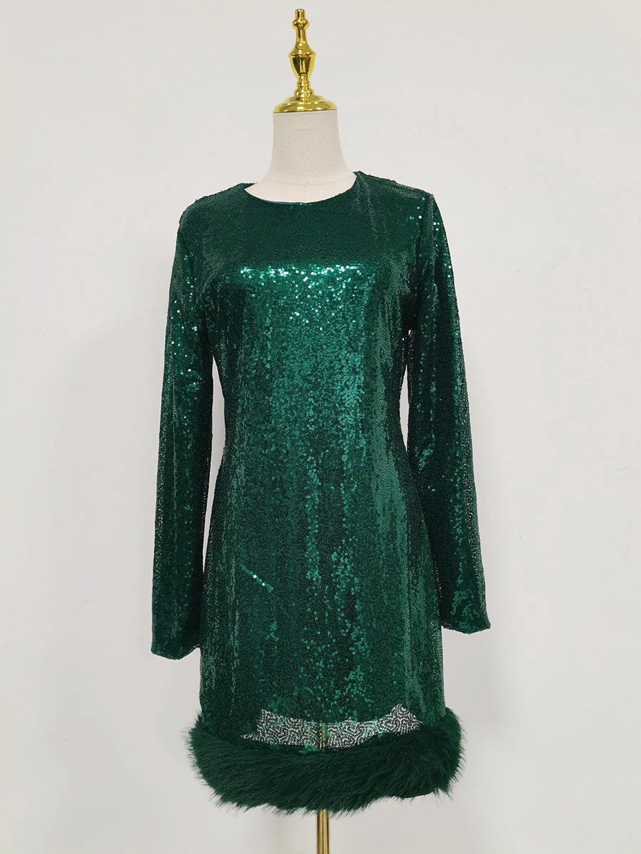 Solid Spliced Sequines Slimming Dresses for Women O Neck Long Sleeve Temperament Dress Female Fashion New