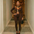Sexy Hollow Out Jumpsuits Woman Trend Metal Buckle Decoration Full Sleeve Skinny Peach Hip Party Club Street Overalls
