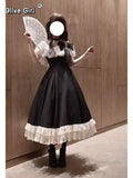 Olivegirl Party Kawaii Lolita Dress Bow Slash Neck Gothic Vintage Black Midi Dress Women Summer Harajuku Lace Halter Bodycon