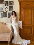Flare Sleeves High Neck Mermaid Maxi Dress Corset Bodice Floral Lace Bridal Reception Long Train Formal Evening Gala 2026