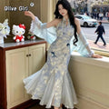 Olive Girl Blue Romantic Qipao for Garden Wedding 2026 Fairycore Photoshoot Everyday Wear S-XXL XS-3XL Plus Size Romantic Garden Party Editorial Not Costume Qipao Cheongsam Chinese Dress Chinese Heritage Fashion Women