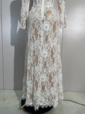 Women Long Sleeve Evening Party Club Bar Birthday Celebrity Gowns Sexy White Lace High Neck Hollow Out Design Bodycon Long Dress
