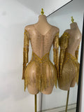 Sparkly Rhinestones Fringes Tight Bodysuit Women Sexy Mesh See Through Performance Stage Outfit Luxury Birthday Party Wear