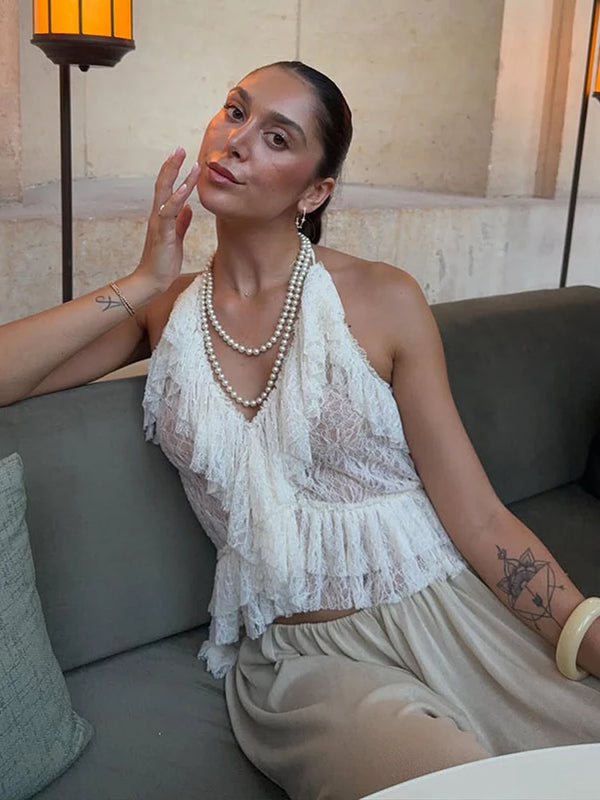 Sexy Ruffles Halter Women's Vest See Through Lace Up Sleeveless Backless Female Tops 2026 Summer Lady Street All-match Top