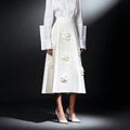Solid Color Spliced Appliques Elegant A-line Skirt White Pink Mid-length For Women High Waist Skirt Female