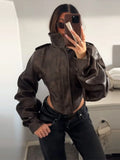 Women's Chic Faux Leather Jacket Fashion Lapel Zipper Irregular Hem Waist Cropped Pu Coat Lady 2026 Spring Chic Street Outerwear