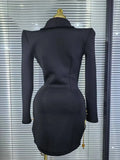 Handmake Women Long Sleeve Golden Beading Deep V-Neck Bodycon Mini Dress Celebrate Birthday Photo Shoot Performance Costume