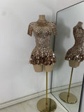 Sexy Women Short Sleeve Sparkly Sequins Stage Dress Luxury Evening Party Nightclub Performance Costume Stage Wear