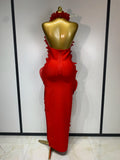 Women Sexy Backless Red Ruffled Flower Maxi Long Bodycon Bandage Dress Celebrity Elegant Evening Party Nightclub Birthday Dress