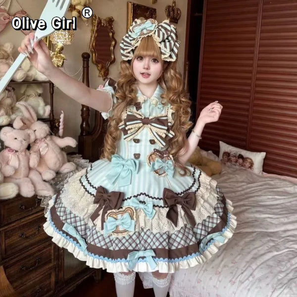 Olivegirl Sweet Lolita Style Dress Women Kawaii Lace Ruffles Peter Pan Collar Bow Princess Dresses Harajuku Y2k Party Mini Dress
