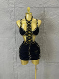 Women Sexy Sparkly White Braided Halter Mini Dress Gold Bead Trim Cutout Sides Ideal Beach Parties Vacations Special Occasions