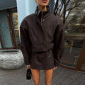 Collar Zip Cropped Women 2pcs Suede Matching Set Oversized Long Sleeve Jacket Belt Detail Mini Skirt Two Piece Sets Daily Jacket