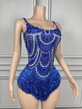 Sparkly Silver Rhinestones Pearl Tassels Bodysuit 2025 New Women Sexy Eveing Birthday Party Nightclub Stage Performance Costume