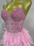 Women Sexy Elegant Evening Party Luxury Birthday Photo Shoot Performance Costume Sparkly Rhinestone Feather Mesh Long Dress