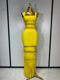 Women Sleeveless Sexy Square Collar Tassel Bodycon Bandage Dress Celebrity Elegant Evening Party High Quality Birthday Dress