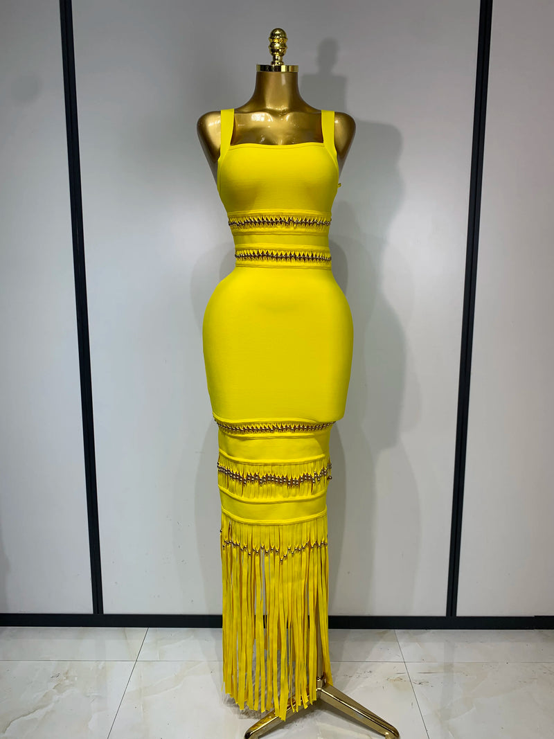 Women Sleeveless Sexy Square Collar Tassel Bodycon Bandage Dress Celebrity Elegant Evening Party High Quality Birthday Dress