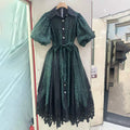 Spotted Print Shirt Maxi Dress for Women Puff Sleeve Point Collar Self Tie Sash Waistband Lace Hem Patchwork Mesh Overlay