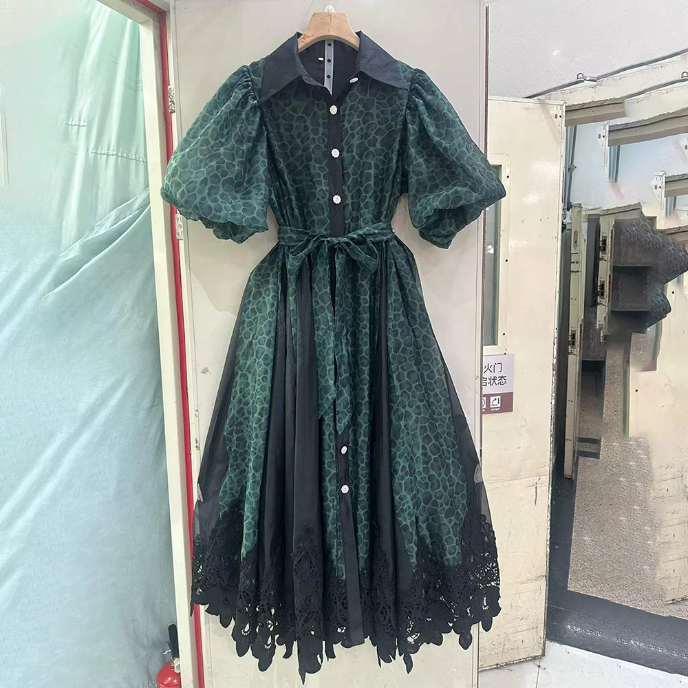 Spotted Print Shirt Maxi Dress for Women Puff Sleeve Point Collar Self Tie Sash Waistband Lace Hem Patchwork Mesh Overlay