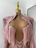 Sexy Mesh See Through Rhinestones Two Pieces Dress Coat Sets Women Sparkly Tassels Performance Singer Dancer Stage Costume
