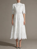 Wedding Guest Green Lace High Neck Midi Dress for Half Sleeve Women Cutout Texture Tiered Hem Flowy Skirt for Afternoon Tea