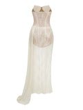 Elegant Strapless Lace Long Ribbon Wedding Dress Patchwork Vintage Floral Lace Bridal Gown Sheath Fitted Dresses