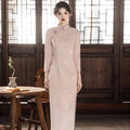 White Embroidery Thickened Chinese Style Long Sleeved Cheongsam Women's Retro Slim Fit Autumn and Winter Qipao Dress