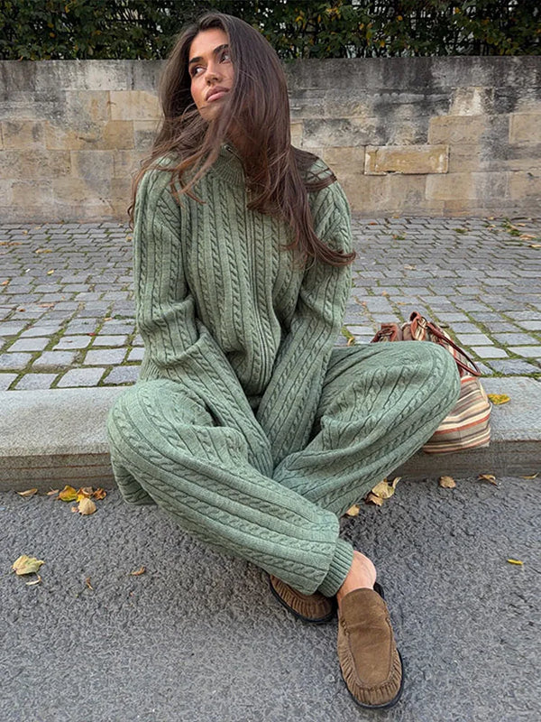 Women Solid Turtleneck Cable Knit Sweater Wide Pants 2 Piece Set Long Sleeve Half Zip Pullover 2026 Casual Loungewear Suit