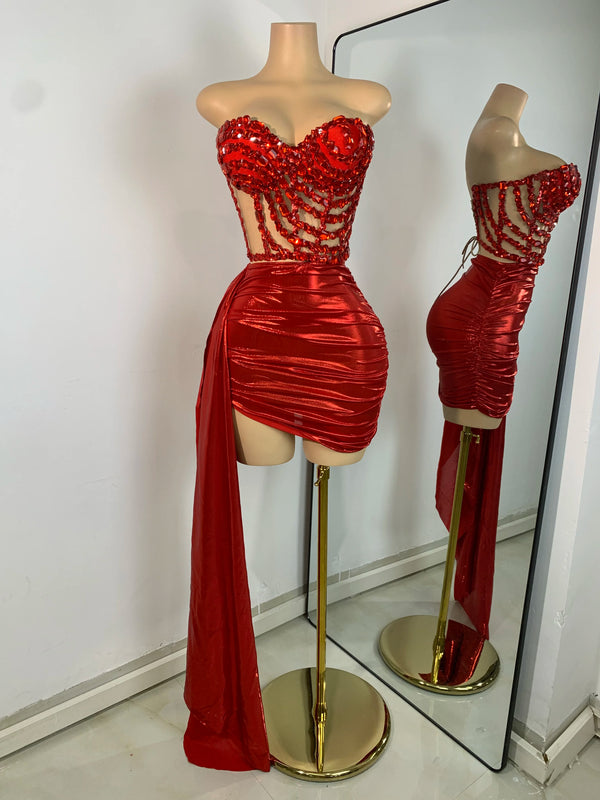 Sparkly Red Diamonds Asymmetrical Two Pieces Dress Design 2025 Women Sexy Strapless Top Skirt Suits Dance Performance Outfit