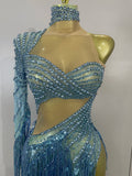 Sparkly Diamond Blue Rhinestone Mesh One Shoulder Tassel Dress Sexy Eveing Party Bar Nightclub Stage Costume Latin Dance Outfits